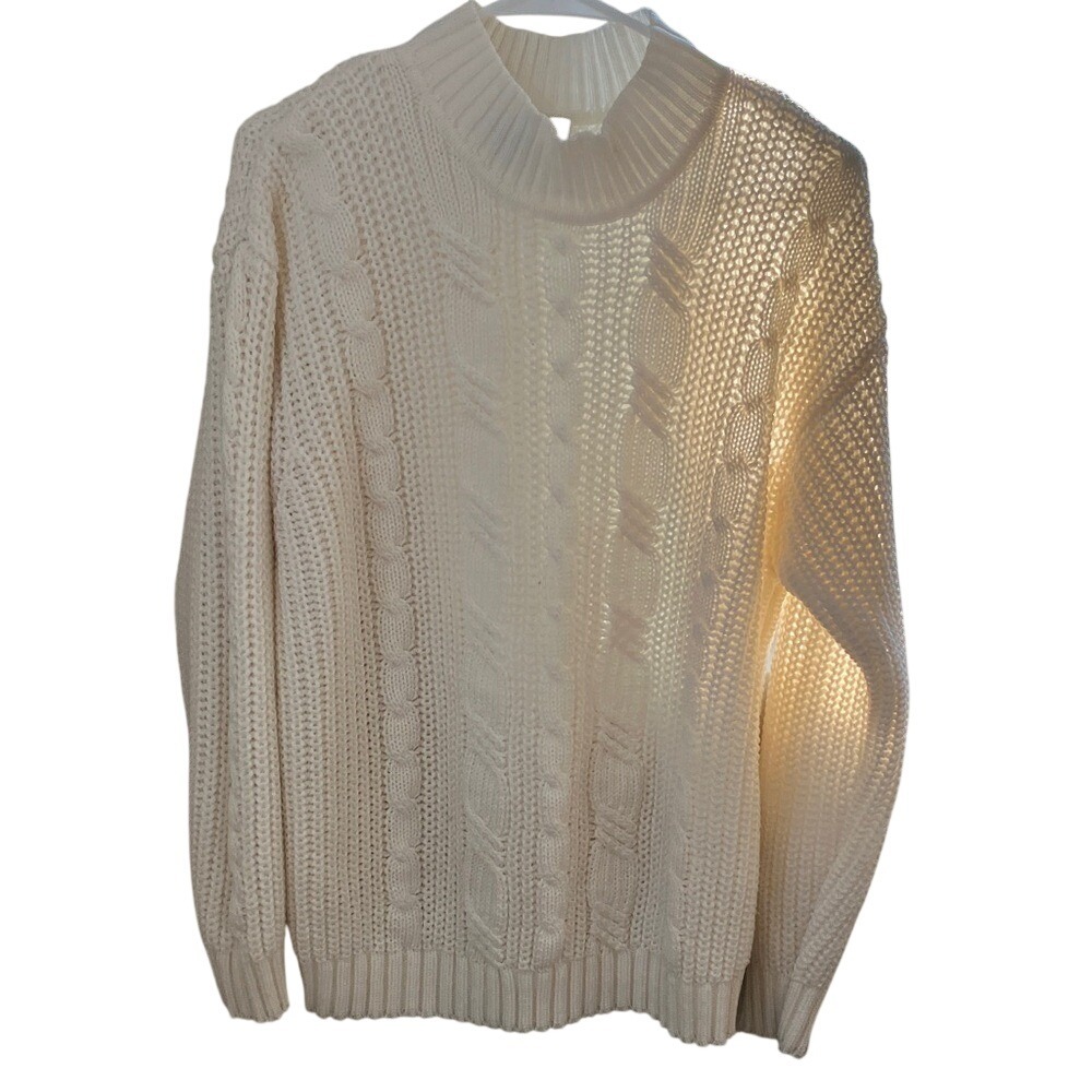 ellemenno Women Cream White Cable Knit Mock Neck Chunky Sweater‎ Size M Vintage